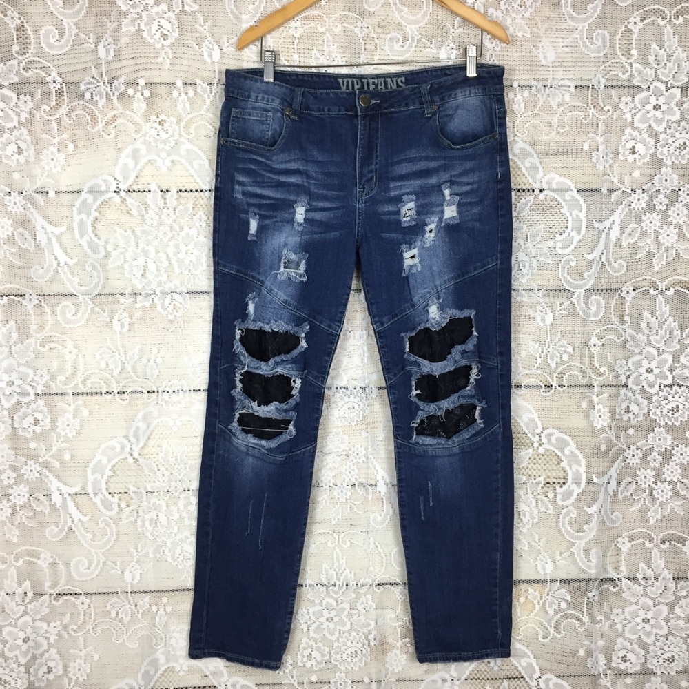 VIP jeans cotton spandex skinny jeans 15/16 black lace blowout knees distressed